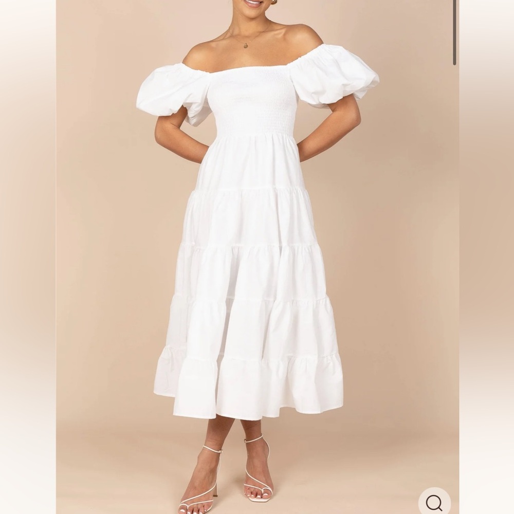Petal & Pup White Off-Shoulder Puff Sleeve Tiered Midi Dress